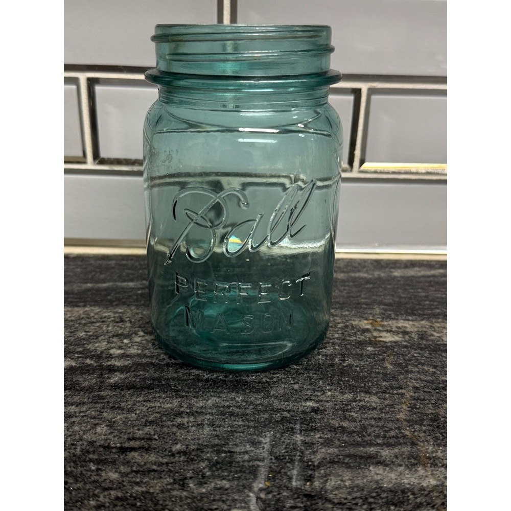 Vintage Ball Perfect Mason Jar Aqua Blue Glass Farmhouse Collectible Mold # 1